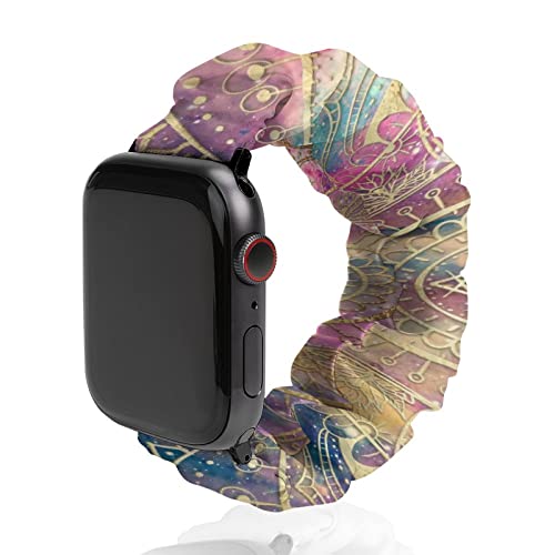 Stylish Gold Mandala Watercolor & Nebula Colorful Compatible for Apple Watch Band 38/40/41mm,42/44/45mm Cloth Pattern Polyester Elastic Women Breathable Scrunchy Bands for IWatch Series SE 8 7 6 5 4 3