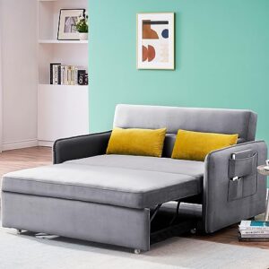 P PURLOVE Sleeper Sofa Bed for Living Room, Modern Velvet Loveseat Couch with 2 Pillows, Multipurpose Sofa Pull Out Bed for Apartment, Bedroom (Gray)