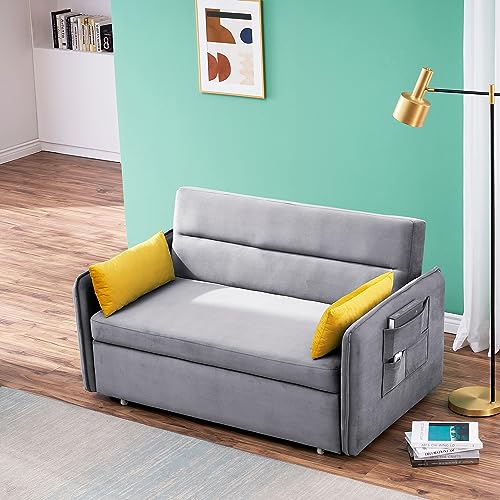 P PURLOVE Sleeper Sofa Bed for Living Room, Modern Velvet Loveseat Couch with 2 Pillows, Multipurpose Sofa Pull Out Bed for Apartment, Bedroom (Gray)