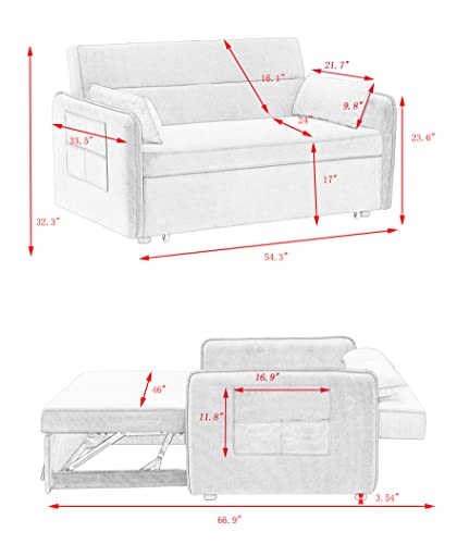 P PURLOVE Sleeper Sofa Bed for Living Room, Modern Velvet Loveseat Couch with 2 Pillows, Multipurpose Sofa Pull Out Bed for Apartment, Bedroom (Gray)