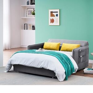 P PURLOVE Sleeper Sofa Bed for Living Room, Modern Velvet Loveseat Couch with 2 Pillows, Multipurpose Sofa Pull Out Bed for Apartment, Bedroom (Gray)