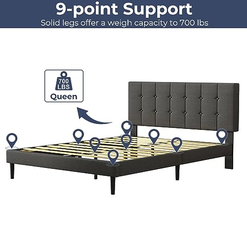 IULULU Queen Bed Frame, Upholstered Platform Bed Frame with Linen Fabric Headboard, Queen Size Mattress Foundation with Wooden Slats Support, Easy Assembly, No Box Spring Needed, Dark Grey