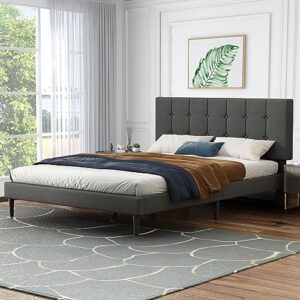 iululu queen bed frame, upholstered platform bed frame with linen fabric headboard, queen size mattress foundation with wooden slats support, easy assembly, no box spring needed, dark grey