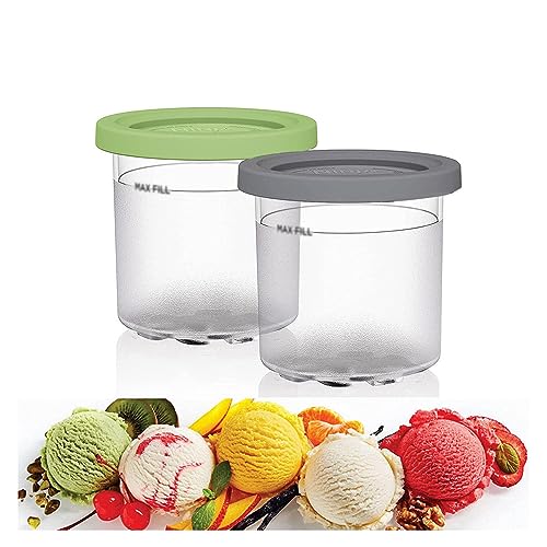 EVANEM 2/4/6PCS Creami Pints, for Creami Ninja Ice Cream Containers,16 OZ Ice Cream Pint Cooler Reusable,Leaf-Proof Compatible NC301 NC300 NC299AMZ Series Ice Cream Maker,Gray+Green-2PCS