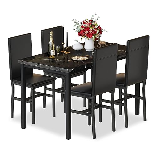 Hooseng Dining Table Set for 4, Black Modern Kitchen Table and Chairs for 4, 5 Piece Dining Room Furniture Table Set with Faux Marble Tabletop and PU Leather Chairs for Small Spaces, Apartment,Dinette