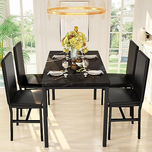 Hooseng Dining Table Set for 4, Black Modern Kitchen Table and Chairs for 4, 5 Piece Dining Room Furniture Table Set with Faux Marble Tabletop and PU Leather Chairs for Small Spaces, Apartment,Dinette