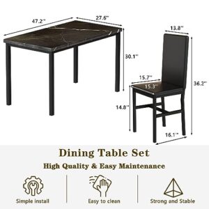 Hooseng Dining Table Set for 4, Black Modern Kitchen Table and Chairs for 4, 5 Piece Dining Room Furniture Table Set with Faux Marble Tabletop and PU Leather Chairs for Small Spaces, Apartment,Dinette