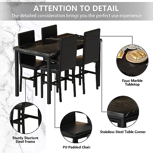 Hooseng Dining Table Set for 4, Black Modern Kitchen Table and Chairs for 4, 5 Piece Dining Room Furniture Table Set with Faux Marble Tabletop and PU Leather Chairs for Small Spaces, Apartment,Dinette