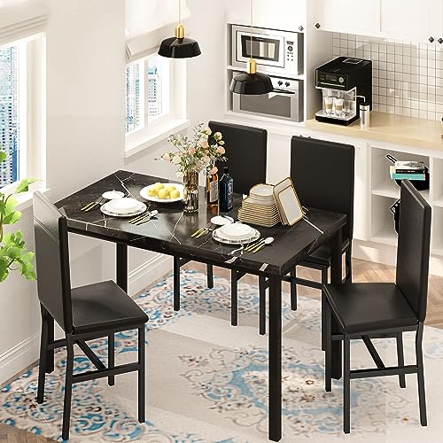 Hooseng Dining Table Set for 4, Black Modern Kitchen Table and Chairs for 4, 5 Piece Dining Room Furniture Table Set with Faux Marble Tabletop and PU Leather Chairs for Small Spaces, Apartment,Dinette