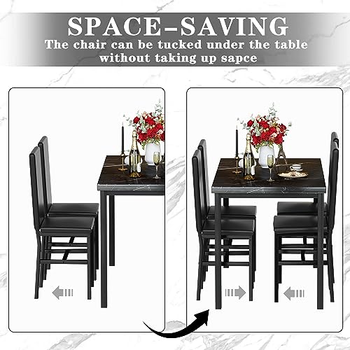 Hooseng Dining Table Set for 4, Black Modern Kitchen Table and Chairs for 4, 5 Piece Dining Room Furniture Table Set with Faux Marble Tabletop and PU Leather Chairs for Small Spaces, Apartment,Dinette