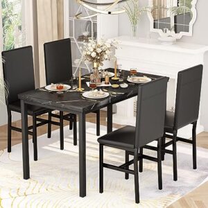 Hooseng Dining Table Set for 4, Black Modern Kitchen Table and Chairs for 4, 5 Piece Dining Room Furniture Table Set with Faux Marble Tabletop and PU Leather Chairs for Small Spaces, Apartment,Dinette