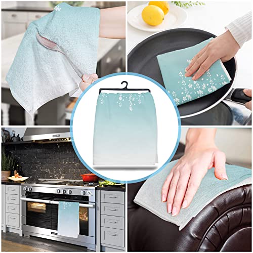 Yun Nist Kitchen Dish Towels,White Flower Vine Blossom Cherry Soft Microfiber Dish Cloths Reusable Hand Towels,Falling Floral Teal Gradient Back Washable Tea Towel for Dishes Counters 1 Pack