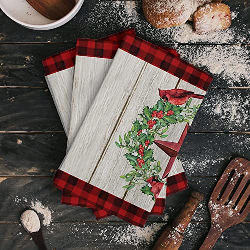 Yun Nist Kitchen Dish Towels,Xmas Western Star Cardinal Soft Microfiber Dish Cloths Reusable Hand Towels,Holly Berry Farm Plank Red Buffalo Plaid Washable Tea Towel for Dishes Counters 1 Pack