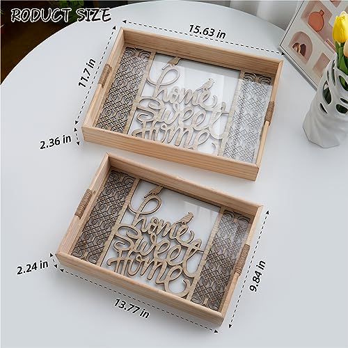 2Pcs Serving Tray with Handles Ottoman Tray for Living Room Decorative Wooden Tray for Coffee Table Large Tray Decor for Breakfast Food Home