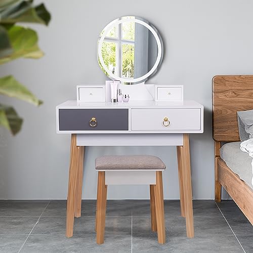 Bituman Makeup Vanity Set with 3-Color Dimmable Lighted Mirror, Bedroom Makeup Dressing Table with Cushioned Stool Modern Vanity Desk with 4 Drawers for Girls Women, White+Gray