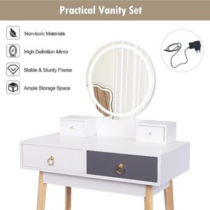 Bituman Makeup Vanity Set with 3-Color Dimmable Lighted Mirror, Bedroom Makeup Dressing Table with Cushioned Stool Modern Vanity Desk with 4 Drawers for Girls Women, White+Gray