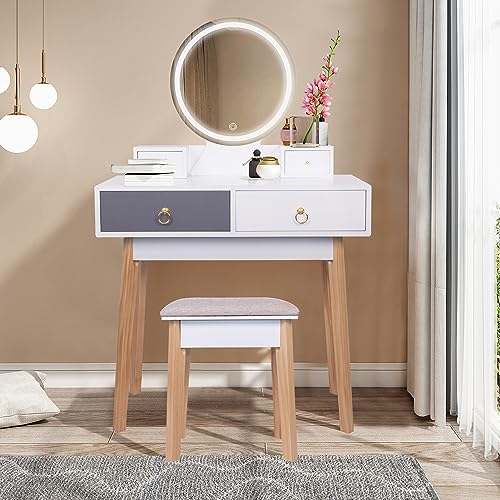 Bituman Makeup Vanity Set with 3-Color Dimmable Lighted Mirror, Bedroom Makeup Dressing Table with Cushioned Stool Modern Vanity Desk with 4 Drawers for Girls Women, White+Gray