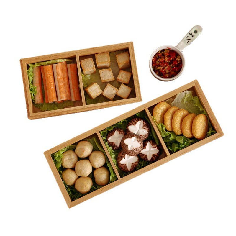 Wooden Tray Divided Tray for Serving Food Tea Tray Food Tray Multi Compartments Serving Tray for Hot Pot, Fast Food, Breakfast, Tea Coffee Table Christmas(3 Compartments)