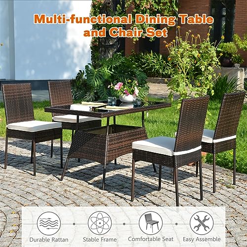 LHLLHL 5 PCS Patio Rattan Dining Set Glass Table High Back Chair Garden Deck Mix Brown