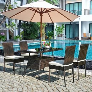 LHLLHL 5 PCS Patio Rattan Dining Set Glass Table High Back Chair Garden Deck Mix Brown