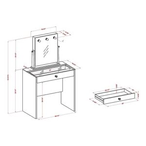 24/7 Shop at Home Peregrine Modern Wood 2-Piece Makeup Vanity Table and Adjustable Lighted Mirror Set with Bulbs, 1 Felt-Lined Drawer for Bedroom, Dressing Room, Bathroom, Guest Room, Luminous White