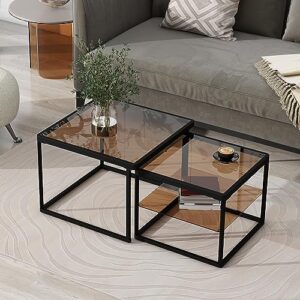nested coffee table set with high-low combination design, modern brown tempered glass cocktail table with metal frame, length adjustable 2-tier center end table for living room（brown & black）