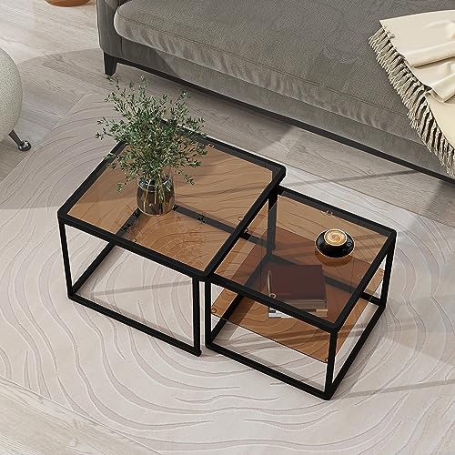 Nested Coffee Table Set with High-Low Combination Design, Modern Brown Tempered Glass Cocktail Table with Metal Frame, Length Adjustable 2-Tier Center End Table for Living Room（Brown & Black）