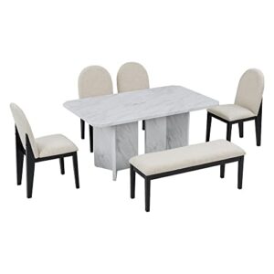 WOZNLA Room 6-Piece Modern Style Set-Faux Marble Table with 4 Upholstered Dining Chairs & 1 Bench-Contemporary White Design for Family Kitchen