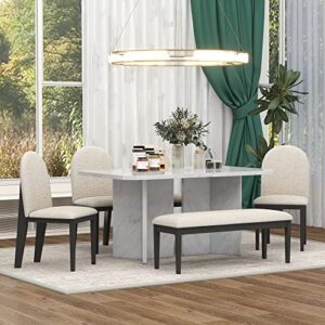 WOZNLA Room 6-Piece Modern Style Set-Faux Marble Table with 4 Upholstered Dining Chairs & 1 Bench-Contemporary White Design for Family Kitchen