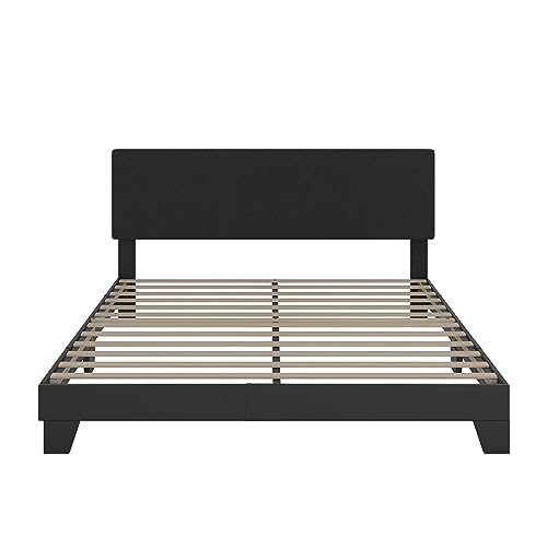 WEEWAY Queen Bed Frame Upholstered Platform Bed with Adjustable Faux Leather Headboard and Strong Wooden Slats, Heavy-Duty Mattress Foundation, No Box Spring Needed, Easy Assembly, Black