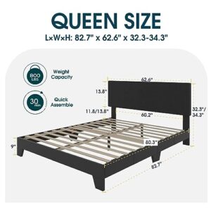 WEEWAY Queen Bed Frame Upholstered Platform Bed with Adjustable Faux Leather Headboard and Strong Wooden Slats, Heavy-Duty Mattress Foundation, No Box Spring Needed, Easy Assembly, Black