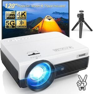 5g projector with wifi and bluetooth,native full hd 1080p outdoor video projector with 120'' screen,12000l movie projector,4k & 300'' display support, mini projector compatible w/tv stick/phone/ps5