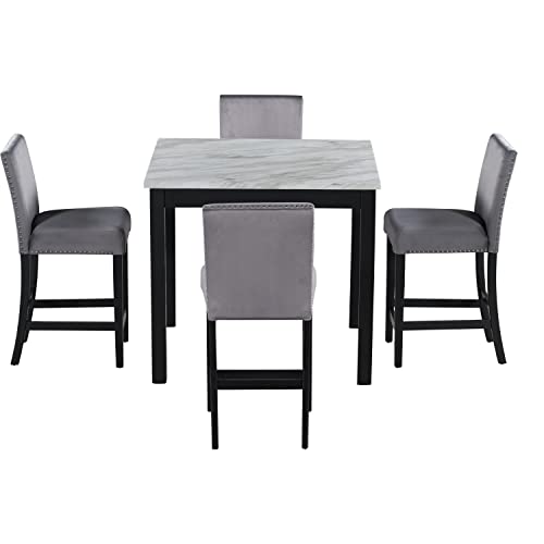 WOZNLA Room 5-Piece Counter Height Dining Set, Square Faux Marble Table with 4 Comfortable Upholstered Chairs, Small Family Kitchen Gathering, Gray