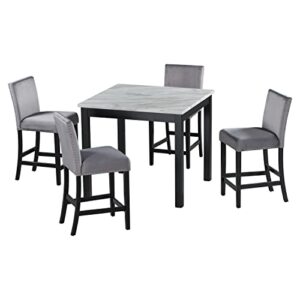 WOZNLA Room 5-Piece Counter Height Dining Set, Square Faux Marble Table with 4 Comfortable Upholstered Chairs, Small Family Kitchen Gathering, Gray