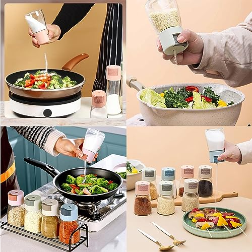 Glass Seasoning Shakers Salt & Pepper Shakers Precision Dosing Push Type For Home Cooking Picnic Camping Rations Salt Shakers (Beige+blue)