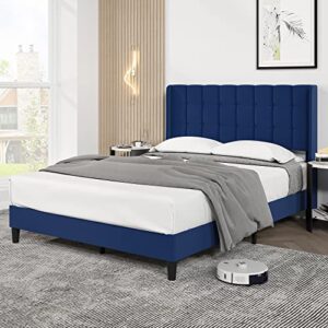 idealhouse queen size bed frame with headboard wingback, upholstered platform bed with button tufted headboard, wooden slats support, easy assembly, noise-free, no box spring needed, blue