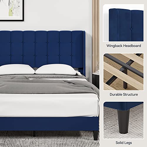 IDEALHOUSE Queen Size Bed Frame with Headboard Wingback, Upholstered Platform Bed with Button Tufted Headboard, Wooden Slats Support, Easy Assembly, Noise-Free, No Box Spring Needed, Blue