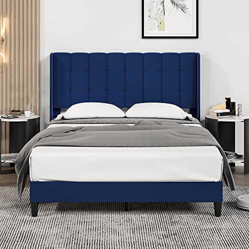 IDEALHOUSE Queen Size Bed Frame with Headboard Wingback, Upholstered Platform Bed with Button Tufted Headboard, Wooden Slats Support, Easy Assembly, Noise-Free, No Box Spring Needed, Blue