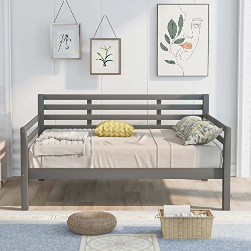 Full Size Wooden Daybed Frame, Dual-use Sturdy Sofa Bed with Wood Slat Support for Bedroom Living Room, No Spring Box Needed for Boys Girls Teens Adults, Under Bed Storage, Space Saving (Gray)