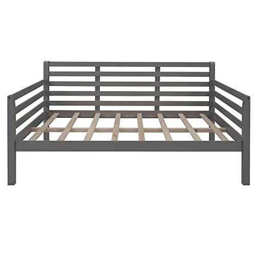 Full Size Wooden Daybed Frame, Dual-use Sturdy Sofa Bed with Wood Slat Support for Bedroom Living Room, No Spring Box Needed for Boys Girls Teens Adults, Under Bed Storage, Space Saving (Gray)