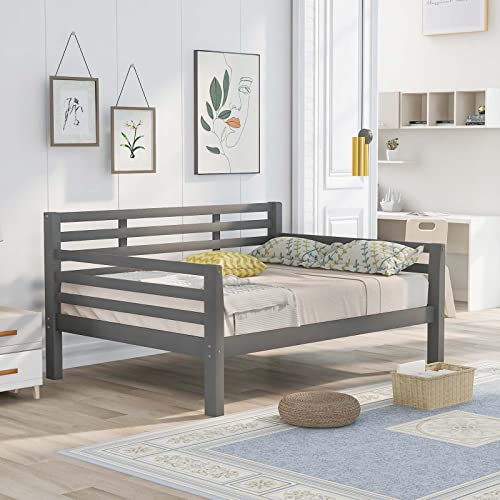 Full Size Wooden Daybed Frame, Dual-use Sturdy Sofa Bed with Wood Slat Support for Bedroom Living Room, No Spring Box Needed for Boys Girls Teens Adults, Under Bed Storage, Space Saving (Gray)