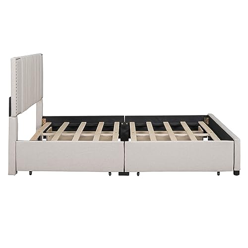 Prohon Upholstered Platform Bed with Classic Headboard and 4 Drawers, Space-Saving Bed Frame Queen Size, Strong Slat Wooden Support with Comfortable Linen Fabric, No Box Spring Needed, Beige
