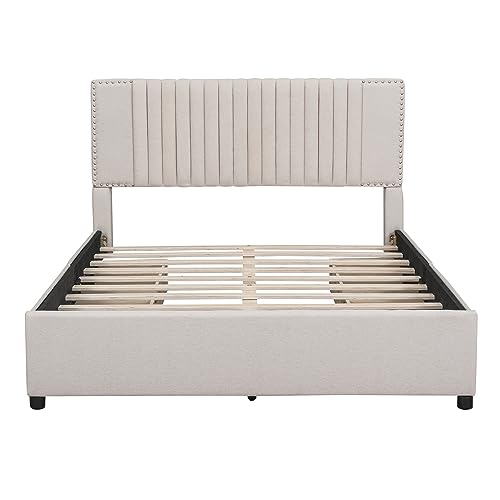 Prohon Upholstered Platform Bed with Classic Headboard and 4 Drawers, Space-Saving Bed Frame Queen Size, Strong Slat Wooden Support with Comfortable Linen Fabric, No Box Spring Needed, Beige