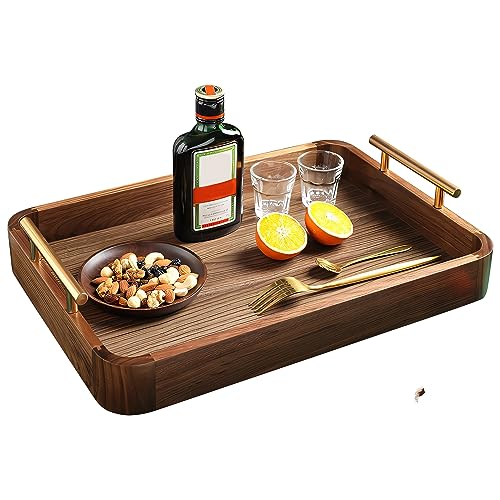 Black Walnut Wooden Vintage Fashion Tray with Metal Handle Food Drink Tray for Coffee Table, Breakfast Dinner and Bar Kitchen Supplies Kitchen Decor Bread Fruit Beverage Tray (8.66 * 11.02)