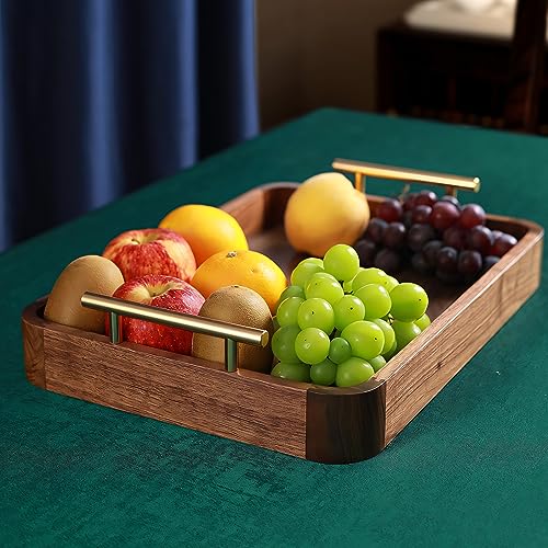 Black Walnut Wooden Vintage Fashion Tray with Metal Handle Food Drink Tray for Coffee Table, Breakfast Dinner and Bar Kitchen Supplies Kitchen Decor Bread Fruit Beverage Tray (8.66 * 11.02)
