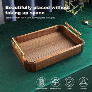 Black Walnut Wooden Vintage Fashion Tray with Metal Handle Food Drink Tray for Coffee Table, Breakfast Dinner and Bar Kitchen Supplies Kitchen Decor Bread Fruit Beverage Tray (8.66 * 11.02)