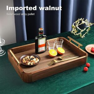 Black Walnut Wooden Vintage Fashion Tray with Metal Handle Food Drink Tray for Coffee Table, Breakfast Dinner and Bar Kitchen Supplies Kitchen Decor Bread Fruit Beverage Tray (8.66 * 11.02)