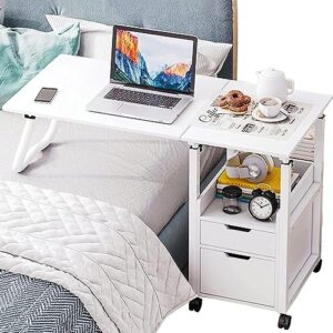gfertre 2 in 1 overbed table with wheels, bedroom side table, foldable bedside table with drawer, height adjustable over bed desk laptop mobile computer desk workstation with wheels nightstand (white)
