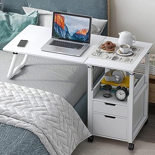 GFertre 2 in 1 Overbed Table with Wheels, Bedroom Side Table, Foldable Bedside Table with Drawer, Height Adjustable Over Bed Desk Laptop Mobile Computer Desk Workstation with Wheels Nightstand (White)