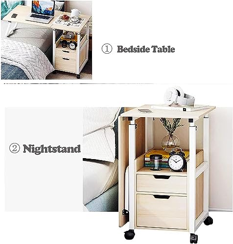 GFertre 2 in 1 Overbed Table with Wheels, Bedroom Side Table, Foldable Bedside Table with Drawer, Height Adjustable Over Bed Desk Laptop Mobile Computer Desk Workstation with Wheels Nightstand (White)